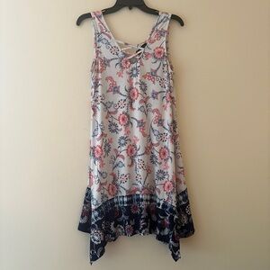 Trixxi Floral Handkerchief Hem Dress Criss Cross Neck Navy Border Sz S